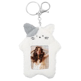 Mabor Identity Card Holder, Photo Card Holder, Cartoon Kpop Photocard Holder, Plush White, Cute Plush with Kitten Card Sleeves, Key Ring, Kawaii Accessories for Girls, Anti-Scratch Protective Card