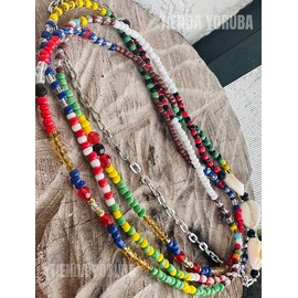 TENIDA Flag Beaded Necklace with Cowrie Shells - Spiritual Jewelry, Collar de Bandera con Caracoles, Colorful Glass Beads & Natural Shells, Silver-Tone Chain, Unisex Design