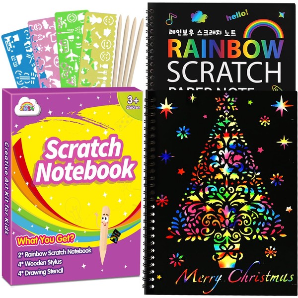 ZMLM Scratch Paper Art Set: 2 Pack Rainbow Scratch Off Crafts Supplies Kits for Age 3 4 5 6 7 8-12 Kids Gift Toy for Girl Boy Teen Birthday|DIY Party Favor|Halloween|Christmas|Coloring Fun