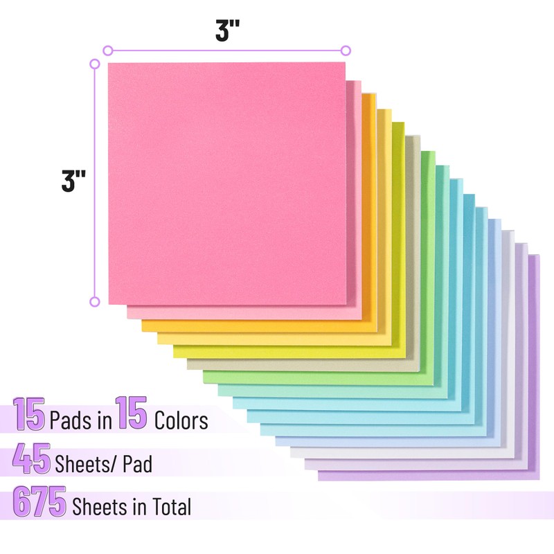 Mr. Pen- Sticky Notes, 3”x3”, 15 Pads, 675 Sheets, Colorful