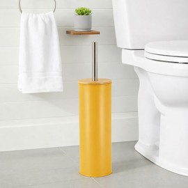 Mustard Yellow Metal Toilet Brush and Holder Set with Bamboo Lid, Modern Bathroom Accessory Set for Deep Cleaning, Compact Design, Durable Bristles, Easy Grip Handle, Splash Guard, Steel Finish