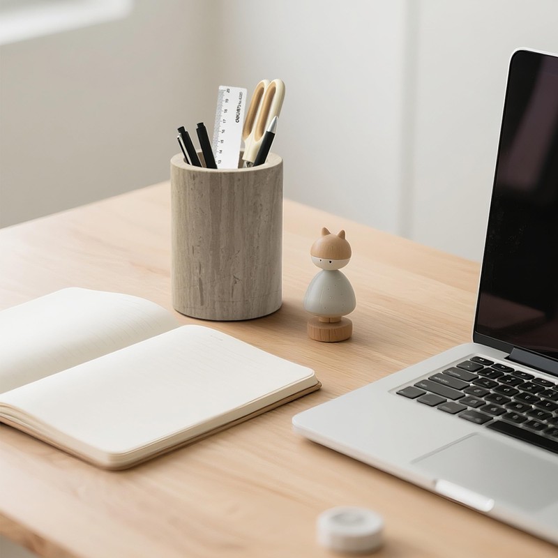 WORHE Natural Marble Pen Holder for Desk, Handcrafted Sturdy Desk