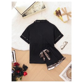 Verdusa Women's 2 Piece Leopard Print Pajama Set Button Down Short Sleeve Top and Ruffle Shorts Sleepwear Black Large