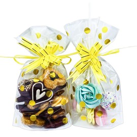 Artboil 50pcs Treat Bag Cellophane Bag Bakery Cookie Bag, Party Favor Bags for Bakery, Candy, Cookie (6 X 10 Inches, w/ 50pcs Pull Bow Twist Ties)- Gold Dots