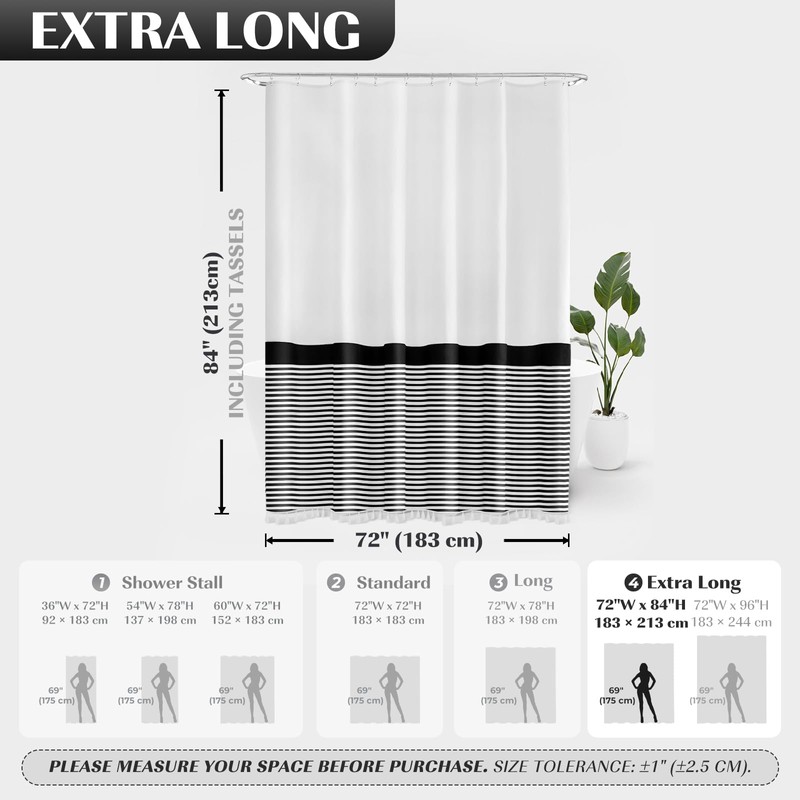 Seasonwood 84 inch Extra Long Shower Curtain Black and White