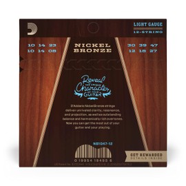 D'Addario Acoustic Guitar Strings, Nickel Bronze, NB1047-12, Light Gauge 10-47, 12-String Set, Pack of 1