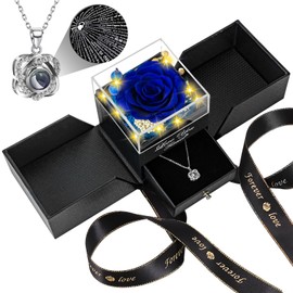 Lebana Preserved Real Blue Rose Birthday Gifts for Women Wife Her Mum Girlfriend Girls Grandma with I Love You Heart Necklace Eternal Rose Flowers on Valentine's Day Mothers Day Christmas Anniversary