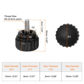 sourcing map 20pcs Knurled Clamping Knobs Thumb Screws M3 x 6mm Metric Male Thread 13mm Matte Plastic Head 304 Stainless Steel Stud Hand Threaded Knob Thumbscrew Handle, Black