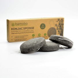 Konjac Sponge (Pack of 3), 100% Natural Face Exfoliating Cleansing Sponge - Face Sponge Puff, Face Scrub Face Washer for Stained Skin - Activated Carbon Sponge