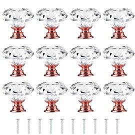 [12 PCS] Rose Gold Base Crystal Clear Glass Cabinet Drawer Pulls 30mm , Tomorotec Pink Diamond Shape Cupboard Knobs with Screws for Kitchen, Dresser, Cupboard, Bathroom, Wardrobe (1.2 inch / 30 mm)