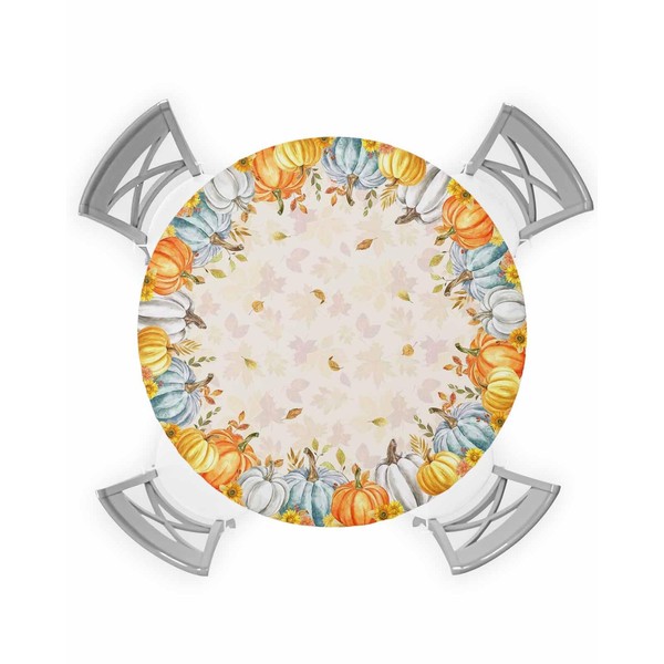BABE MAPS Fall Round Tablecloth with Elastic Thanksgiving Pumpkin Botanical