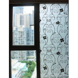 DUOFIRE Window Film Privacy Window Film Frosted Glass Film No Glue Static Cling Glass Film Anti-UV Window Sticker for Bathroom Bedroom Living Room (Black Flower-DP014B, 23.6in. x 157.5in.)