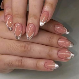 24pcs French Tip Press on Nails Short Almond Fake Nails Full Cover Glossy False Nails Glue on Nails Silver French Tip Artificial Nails for Women Girl