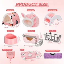 Teenyyou 24 Pcs Small Guinea Pig Starter Kit Essentials for Hamster Cage Accessories Toys House Bed Cage Cleaner Food Bowl Water Holder Carrier Bag Teething Toys Liner Tunnel for Beginner(Pink)