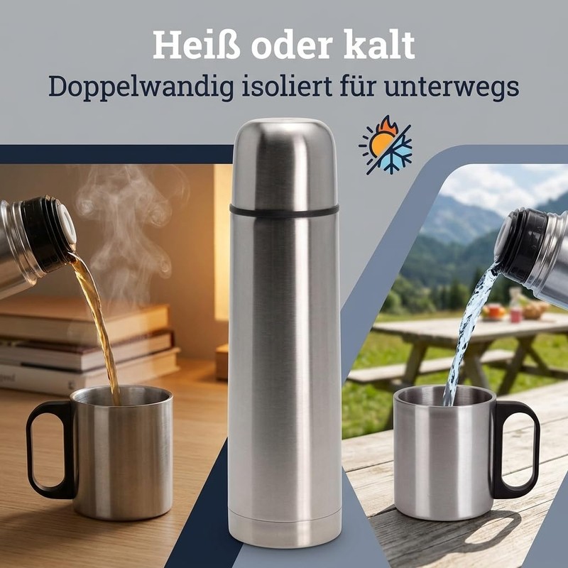 MIJOMA Insulated Jug 1 Litre with 2 Cups - Stainless