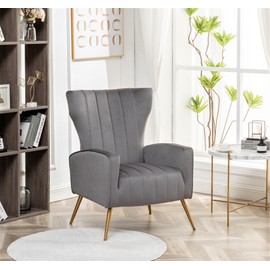 Container Furniture Direct Armchair Modern Velvet Accent Chair, Channel Tufted Bedroom, Office or Living Room Furniture with Elegant Metal Legs, Grey