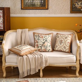 patdrea Designer Vintage Floral Throw Pillow Covers for Couch Set of 4,Brown Yellow Linen Pillowcases with Bird and Rose Pattern Decorative Cushion Cover for Bedroom Living Room Outdoor Car Cafe