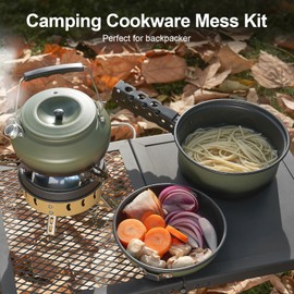Odoland 5pcs Camping Cookware Mess Kit, Non-Stick Lightweight Pot Pan Kettle Set with a removable handle - Perfect for Backpacking, Camping, Hiking, and Picnic Green