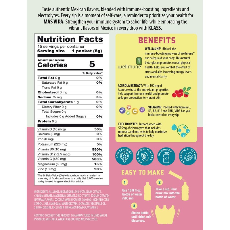 KLASS VIDA Hydration + Immunity Sugar-Free Powder Packets Horchata StrawberryElectrolyte