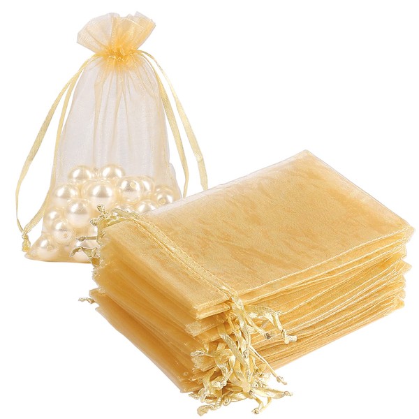 HRX Package 100pcs Gold Organza Gift Bags Medium, 10x15cm Jewellery Pouches Drawstring for Confetti Lavender Wedding Favour Wax Melts