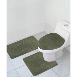 WPM WORLD PRODUCTS MART 3 Piece Bath Rug Set Pattern Bathroom Rug (20"x32")/Large Contour Mat (20"x20") with Lid Cover (Sage)