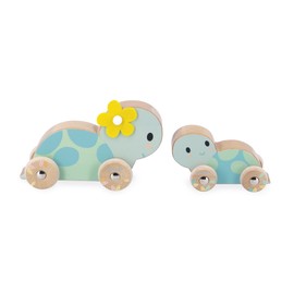 Janod - Set of 2 Wooden Turtles - Rolling toy - Silent Wheels - Educational Toy - Develops fine motor skills and imagination - From 1 year - J05148