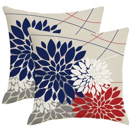 AWJTNCQ Navy Blue and Red Dahlia Floral Throw Pillow Covers 18x18 Set of 2 White Grey 4th of July Patriotic Outdoor Pillows Cover Summer Linen Decorative Cushion Case for Couch Bed Decor