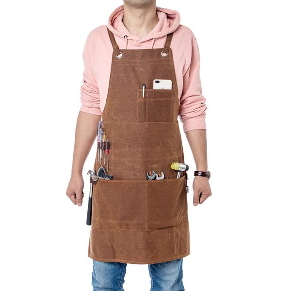 QEES Carpenters Apron for Men and Women, Heavy Duty Workman Apron, Waxed Canvas Waterproof Tool Apron, Fit Kitchen, Garden, Pottery, Craft Workshop, Garage WQ40