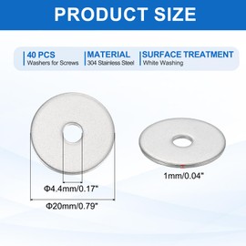 sourcing map 40 Pcs M4 304 Stainless Steel Flat Washers Round Flat Spacers for Screws, Bolts, Plumbing, Automotive, DIY, Electrical Device 4.4mm ID 20mm OD 1mm Thick