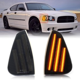 FetonAuto Amber Front Bumper Full LED Side Marker Lights Assembly for 2006-2010 Dodge Charger Daytona RT SE SRT8 SXT, Smoked Lens Driver Passenger Corner Signal Lamps