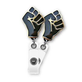 Reflections By Zana Black & Gold Power Fist Enamel Work Badge Retractable ID Badge for Healthcare Workers with Swivel Clip