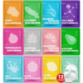 KONEUK 12 Pack Collagen Moisturizing Face Mask Skincare Sheet for All Skin Types Facial Set for Women's Skincare Bulk Spa Gift for Women B-24 Pack Face Masks / 코네욱 12팩 콜라겐 보습 페이스 마스크 스킨케어 모든 피부 타입을 위한 시트 여성 스킨케어용 페이셜 세트 여성용 벌크 스파 선물 B-24 Pack Face Masks