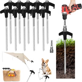 8" Screw in Tent Stakes - 12 Pack - Ground Anchors Screw - Screw in Tent Stakes Heavy Duty- Tent Pegs Camping Stakes- Hex Pegs Drillable Tent Stakes and Hexagon Head Drive and Storage Box (Black)