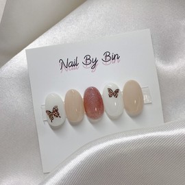 [Handmade Nail Tips] Butterfly Milk Tea Nails - Coffin Egg / [수제네일팁] 나비밀크티 네일 - 코핀에그