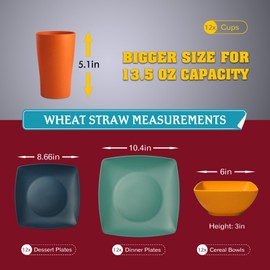 Teivio 48-piece Wheat Straw Square Dinnerware Set for 12, Unbreakable Dinner Plates, Salad Plates, Snack Bowls, Tumblers 13.5 oz, Dishwasher Safe, Plastic,Gray Ombre