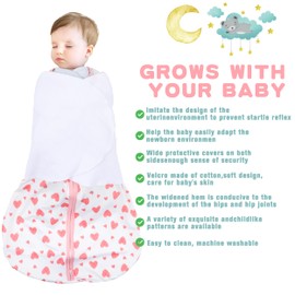 BSTOPPT Newborn Sleep Sack Baby Swaddle,0-3 Months,3-Way Adjustable Wearable Blanket,100% Rayon Cotton Swaddling sleeping bag，TOG 0.5（Heart&Floral）