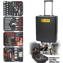 899 Pcs Black Hand Tool Box with 4 layers of Toolset and wheels-Easy Portability