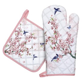 Arquiel Bird Flower Oven Mitts and Pot Holders -100% Cotton, Heat Resistant Extra Long Oven Gloves & Hot Pads for Cooking BBQ Grilling Baking Gift, Set of 2