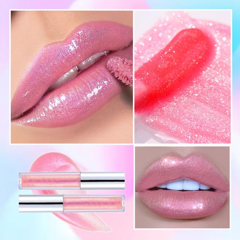 Glitter Lip Gloss, Diamond Shimmer Pink Lipgloss Pearlescent Liquid Lipstick,