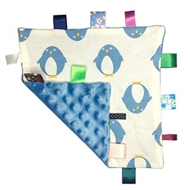 Lovey Baby Security Blanket with Tags Soft Plush Taggy Blanket Comfort Appese Towel Minky Dot Blanket Soothing Toy Cute Penguin Pattern Design, Great Newborn Toddler Gift 9 x 9 inches- Blue