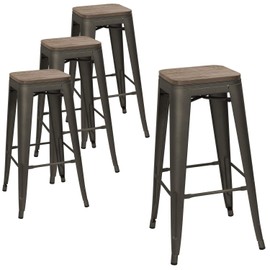 Devoko Metal Bar Stool 30'' Indoor Outdoor Stackable Barstools Modern Industrial Square Wood Top Bar Stools Set of 4 (Gun)