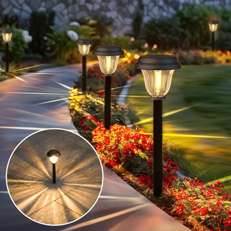 DERAYSION Solar Lights Outdoor 6 Pack, Stainless Steel Glass Solar