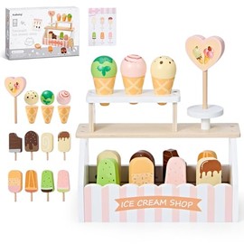 AUTOWT Tienda de Helados para Niños, 18 Piezas Juego de Comida Madera con Conos y Paletas, Accesorios Cocina Juguete Comida Juguete para Niñas y Niños