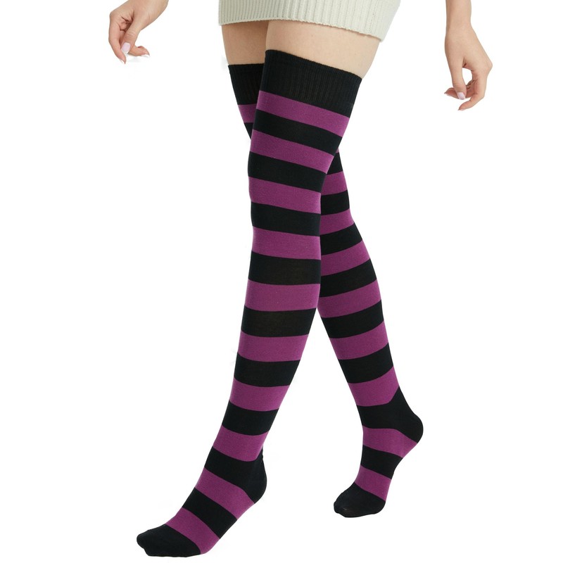 BABAHU Ladies Extra Long Cotton Striped Thigh High Socks, ZZ-02
