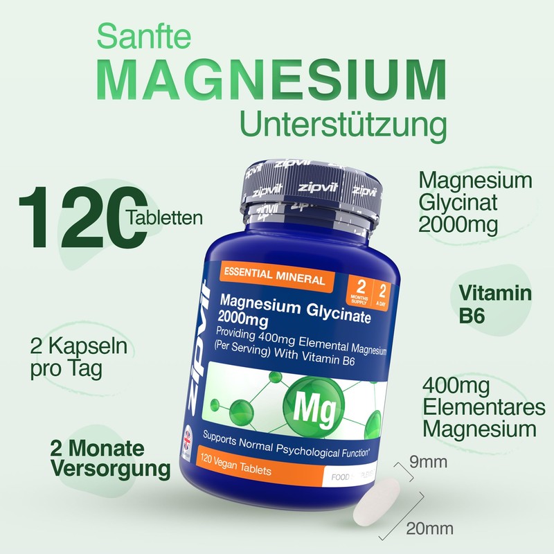 Magnesium Glycinate 2000 mg (as Bisglycinate) Plus Vitamin B6 with