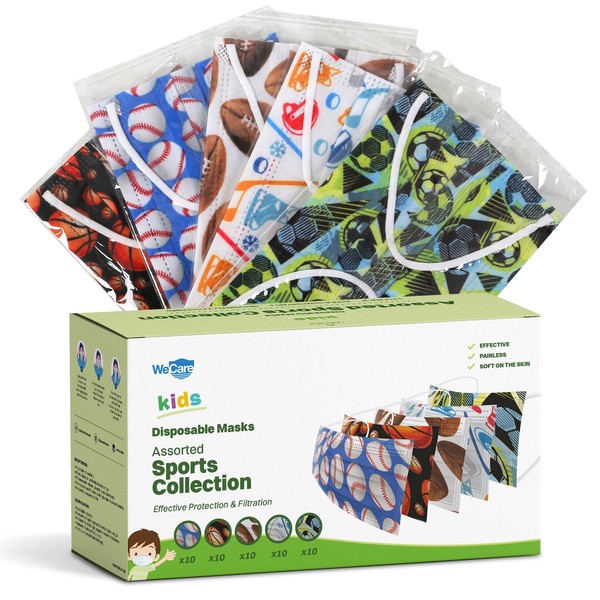 WeCare Disposable Face Masks For Kids, 50 Sport Collection Face Masks, Individually Wrapped