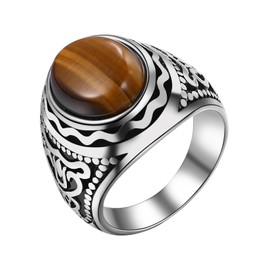 Oidea Retro Tiger Eye Rings for Men: Stainless Steel Mens Rings Silver Vintage Stone Rings Gothic Statement Ring Cocktail Party Signet Biker Ring Band Jewelry Gift, Size 10