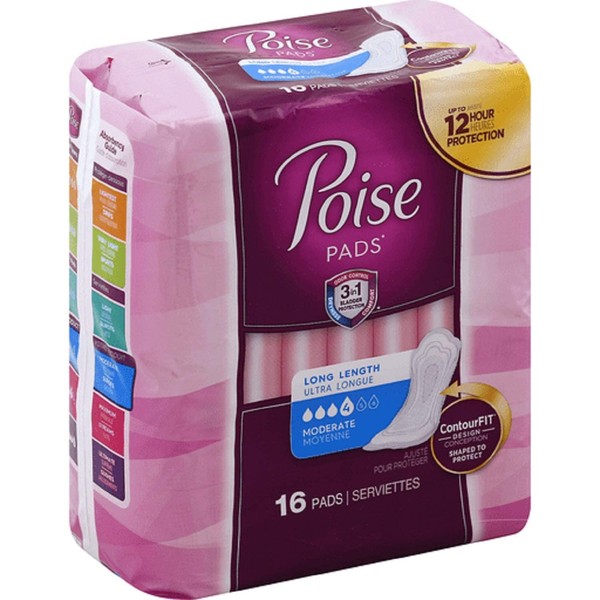 Poise Pads, Moderate Absorbency - Long, Pk/16