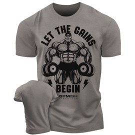 Workout Shirts for Men, Let The Gains Begin Gym Shirt Funny Sayings Lifting T-Shirt (Medium, Gains Begin Warm Grey)