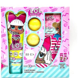 LOL Surprise Bath Gift Set for Kids - Vegan 2-in-1 Shower Gel & Shampoo with Mango Fragrance (240ml), Bath Bombs (2 x 55g), Cute LOL Design Pink Socks